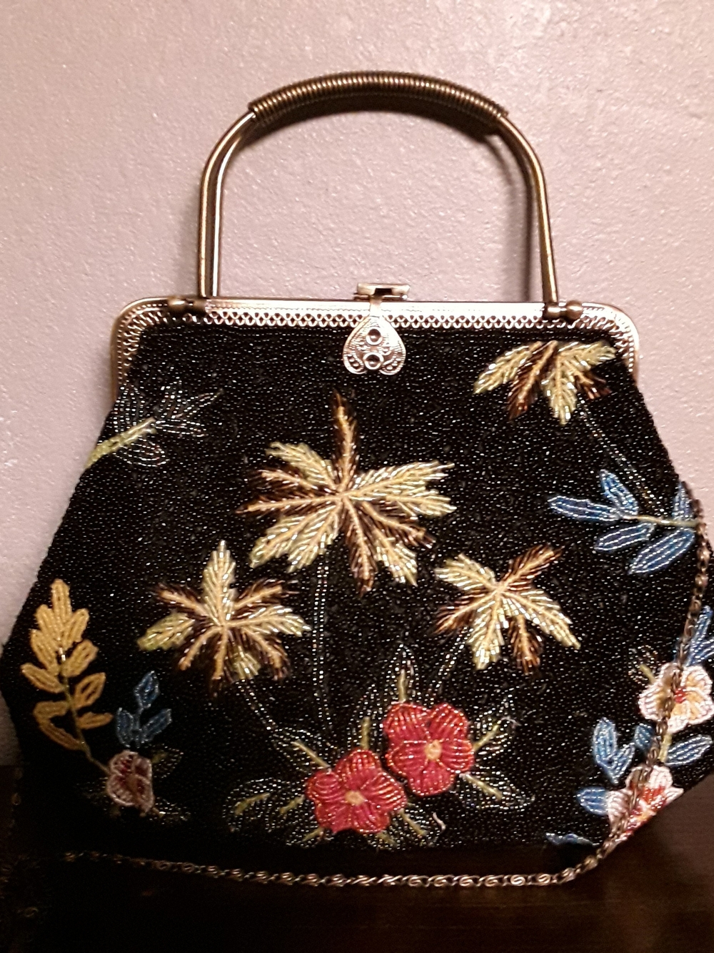 Vintage Black Beaded Floral Evening Handbag